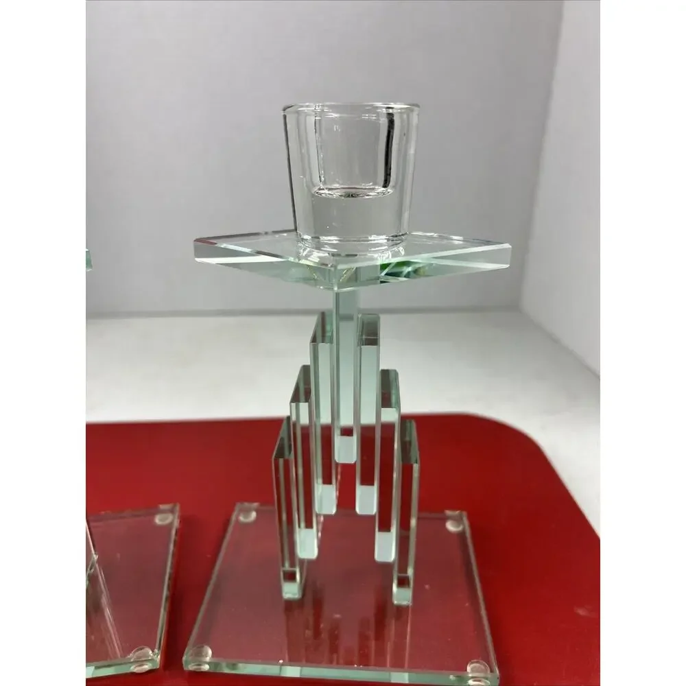 VTG Cut‎ Stacked Glass Candle Holders Art Modern Retro Crystal Heavywt Green 7.5